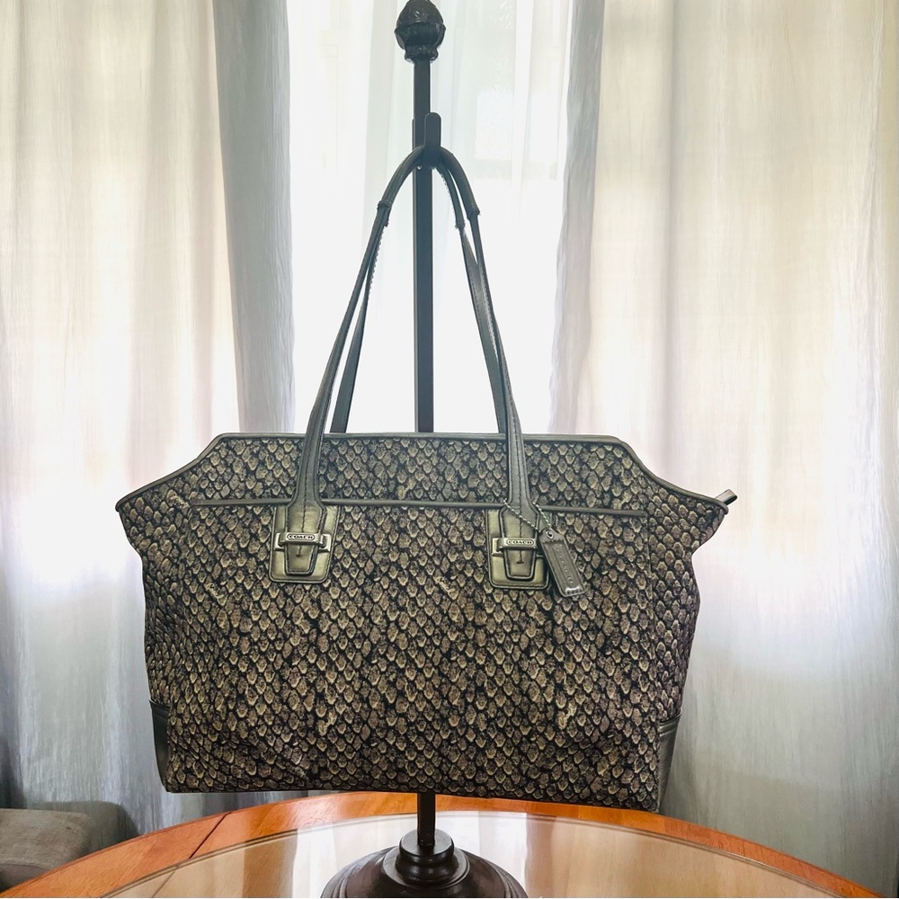 Coach Taylor Snake Print Fabric Alexis Carryall Satchel Gunmetal Good Condition